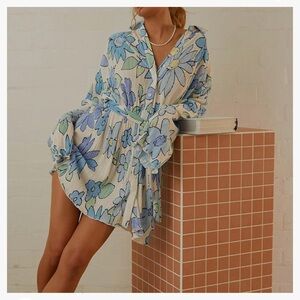 White & Blue Floral Swim Cover Up Dress